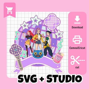 Puede incluir: Gráfico digital con tres figuras femeninas estilizadas frente a una bola de discoteca morada. La imagen incluye notas musicales, estrellas, un gato azul, una lata de refresco y el texto "SVG + STUDIO".