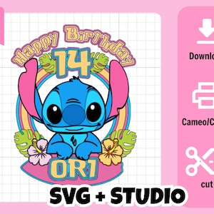 May include: A colorful graphic featuring the character Stitch from Lilo & Stitch, with the text "Happy Birthday 14". The design includes a rainbow, flowers, and the words "SVG + STUDIO".