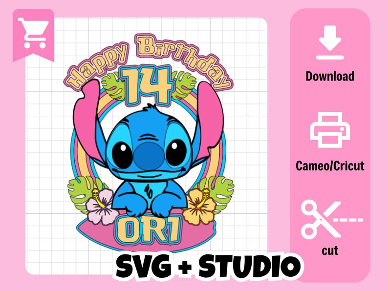 May include: A colorful graphic featuring the character Stitch from Lilo & Stitch, with the text "Happy Birthday 14". The design includes a rainbow, flowers, and the words "SVG + STUDIO".
