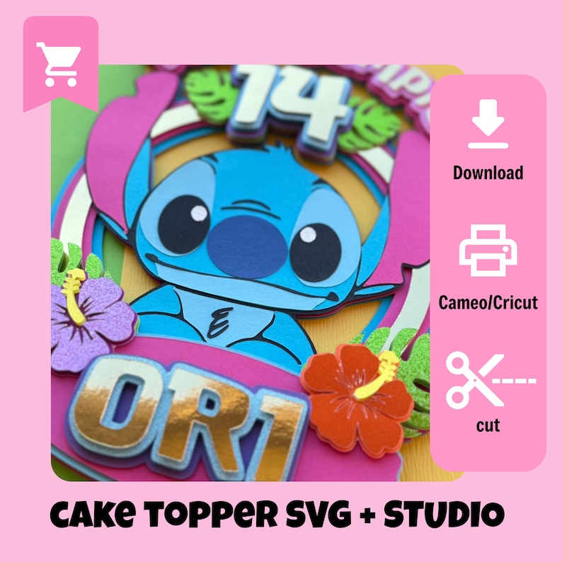 May include: A layered cake topper featuring a blue cartoon character with large ears, surrounded by pink and green tropical elements. The topper includes the number 14 and the name "ORI". Text on the image reads "CAKE TOPPER SVG + STUDIO".