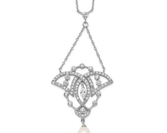 Collier en argent sterling plaqué rhodium avec zircone cubique et perle de culture d'eau douce 18,5 pouces