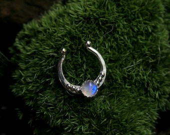 Sterling Silver Moonstone Septum Ring for NON-PIERCED Septums