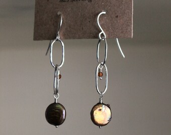 Sterling Silver Unity Earrings with Golden Pearl and Garnet