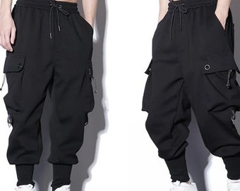 Men's Loose Fit Cargo Harem Pants | Ankle Length, Drawstring Closure, Full-Length Design, Hip Hop Streetwear w/ Pockets | MID Waist, XS-3XL