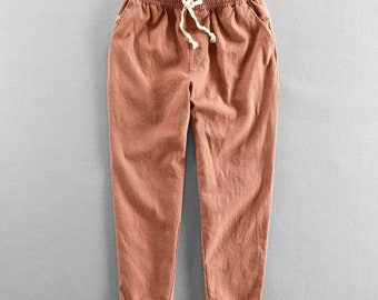 Vielseitige Baumwoll-Leinen-Hose, elastische Taille für Männer, Sommer-Herbst-Mode, einfarbig, einfache lockere Passform, grundlegende lässige knöchellange Hose