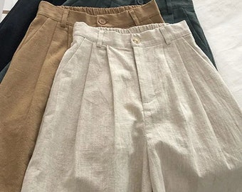 Pantalones cortos de mujer de cintura alta de cáñamo de algodón, ropa de calle elegante, diseño de pierna ancha, cintura elástica, tela transpirable - Disponible en tallas M a 3XL