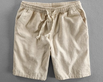 Shorts d’été pour hommes de couleur bonbon en mélange de lin et de coton doux | Coupe slim, taille MOYENNE, fermeture à cordon, motif uni, poches | Tailles M-6XL