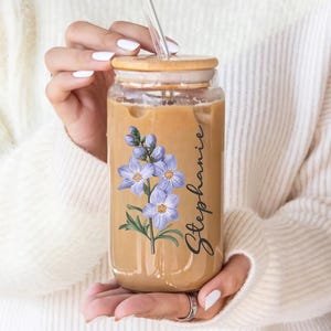 Personalized Birth Flower Glass Coffee Cup With Name, Gift for Her, Mothers Day Gift, Birthday Gift, Birth Flower Gift
