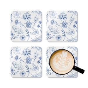 Floral Blue and White Corkwood Coaster Set | Rustic Home Decor, Drink Coasters