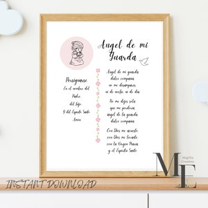 Regalo de bautismo para niña Ángel De Mi Guarda Impresión en español Ángel de la guarda Decoración de la habitación del bebé Descarga digital Oración Niños Bebé