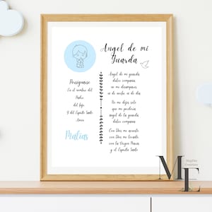 May include: A printable religious art print with a blue and white illustration of a praying child. The text reads "Angel de mi Guarda" and includes a Spanish prayer for a guardian angel. The name "Matias" is written at the bottom of the print.