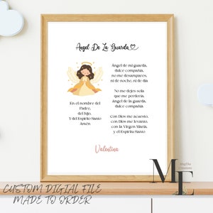 May include: A printable digital file featuring a yellow and white illustration of an angel with a prayer in Spanish text. The text reads "Angel De La Guarda" and includes a prayer to the guardian angel. The text also includes the name "Valentina".