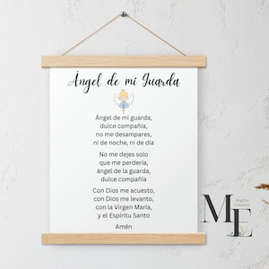 Cartaz de anjo de mi guarda com cabide de madeira em espanhol, anjo da guarda, decoração de quarto de bebê, impressão de oração, presente de batismo para crianças