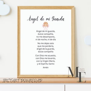 Angel De Mi Guarda Print in Spanish Guardian Angel In Pink Baby Room Decor Digital Descargar Oración Niños Bebé