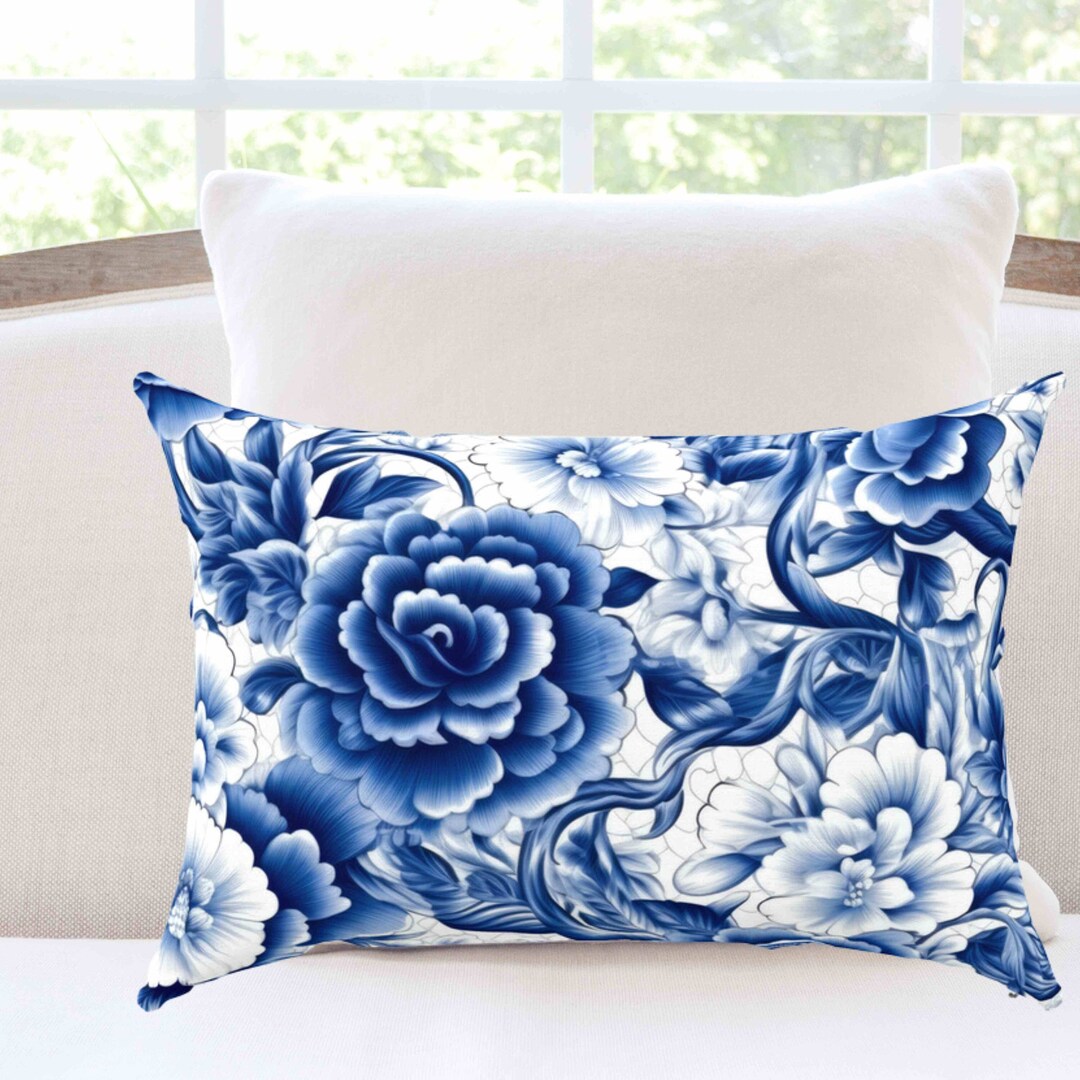 Blue and White Rose Floral Lumbar Throw Pillow Covers Luxury Etsy