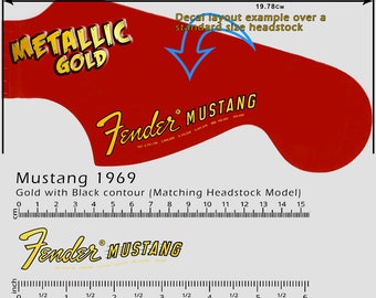 Fender Mustang 1969 Gold (Matching Headstock) - Waterslide decal - Metallic Gold Logo