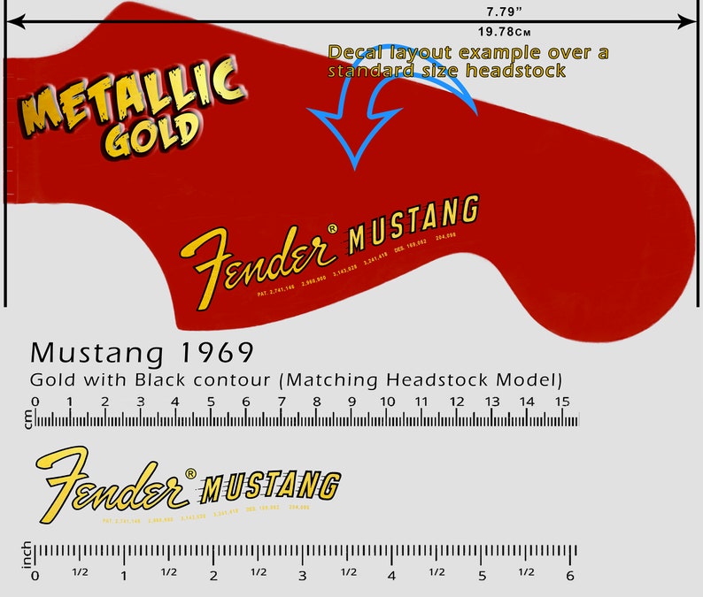 Fender Mustang 1969 Gold Matching Headstock Waterslide decal Metallic Gold Logo image 1