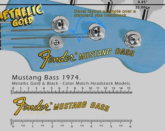 Fender Mustang Bass 1974 (Color Match Headstock) - Waterslide decal - Metallic Gold Logo