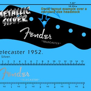 May include: Black guitar headstock decal with silver text reading "METALLIC SILVER" and "Fender TELECASTER 1952." The decal layout is 18.33 cm wide. Includes a ruler in inches and centimeters.
