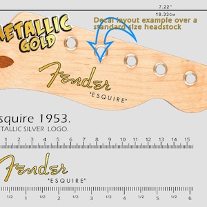 Może przedstawiać: Naklejka na główkę gitary z logo Fender i napisem "ESQUIRE" w kolorze złotym. Naklejka ma szerokość 18,33 cm i zawiera tekst "METALLIC GOLD" oraz "Esquire 1953."