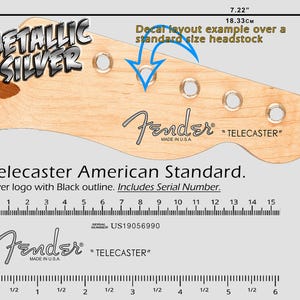 May include: A Fender Telecaster headstock decal with a metallic silver logo and black outline. The decal layout example is over a standard size headstock. Includes serial number and measurements in inches and centimeters.