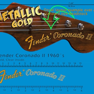 May include: A guitar headstock with gold lettering reading "METALLIC GOLD" and "Fender Coronado III". The image includes measurements, with the headstock measuring 18.9cm wide. The text "Fender Coronado II 1960's" is also visible.
