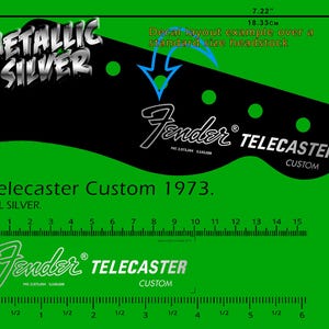 May include: Black guitar headstock decal with the Fender logo and "TELECASTER CUSTOM" text. The decal is metallic silver and includes the text "METALLIC SILVER". The image shows measurements of 7.22 inches (18.33 cm).