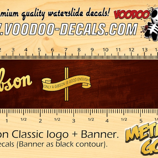 Gibson Classic logo + Banner - Waterslide decal - Metallic Gold Logo