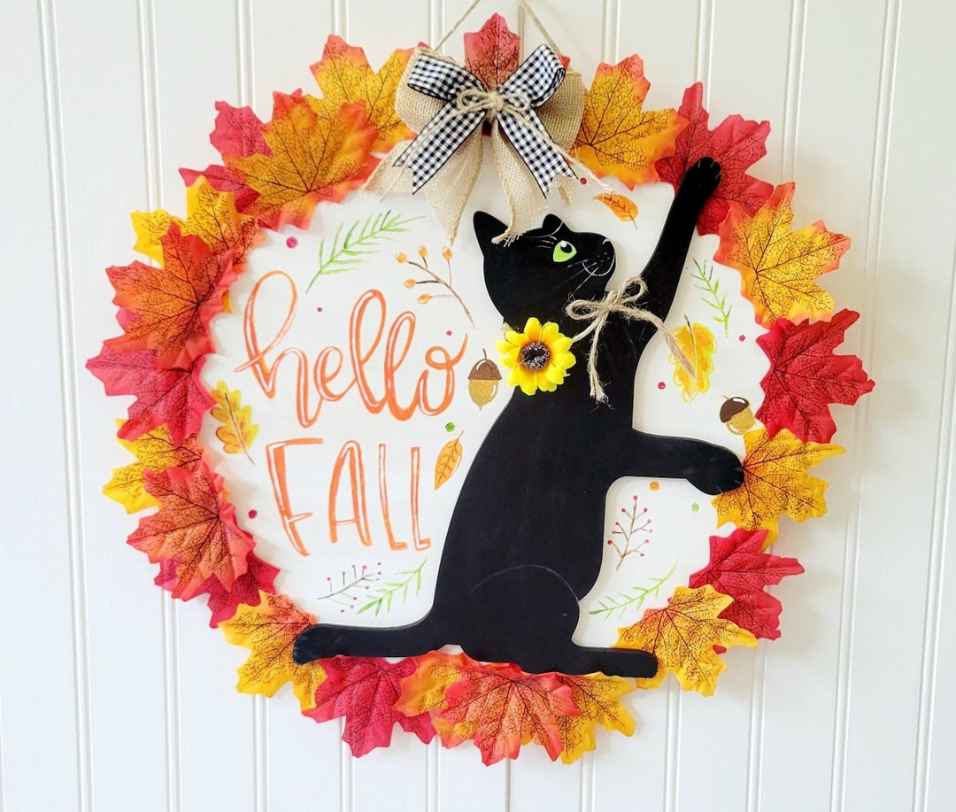 Hello Fall Sign, Black Cat Door Hanger, Custom Pet Art - Etsy