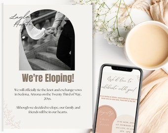 EDITABLE Wedding elopement announcement and reception invite. "We're eloping" announcement card. BOHO printable elopement card w/ reception.