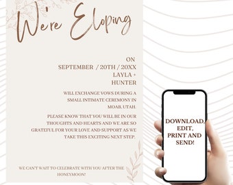 EDITABLE Wedding elopement announcement. "We're eloping" announcement card.