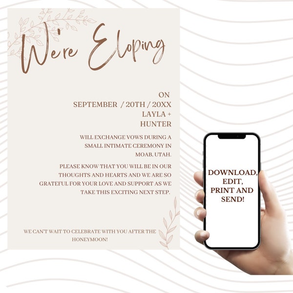 EDITABLE Wedding elopement announcement. "We're eloping" announcement card.