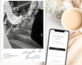 EDITABLE Wedding elopement announcement. "We tied the knot" announcement card. Black and white classy wedding elopement card w/ reception.