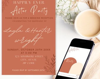 Terracotta uitnodiging bruiloftsreceptie: Boho-vieringskaart (bewerkbare digitale download)