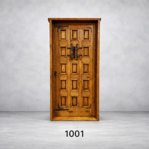 May include: A wooden door with a rectangular frame and a series of rectangular panels. The door features a decorative metal handle and hinges. The number "1001" is printed at the bottom of the door.