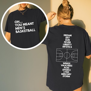 Puede incluir: Camiseta negra con texto blanco "OH... YOU MEANT MEN'S BASKETBALL" en la parte delantera. La parte trasera presenta un gráfico de cancha de baloncesto y las palabras "DREAM SKY SUN FEVER LIBERTY MYSTICS" y nombres de equipos.