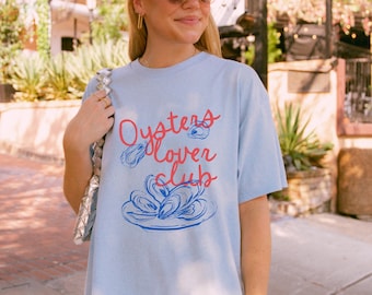 Fisherman Cotton Tee Shirt Design Hand Drawn Oyster Graphic Vintage Style Coastal Aesthetic Summer Apparel Beach Vacation Amalfi Coast