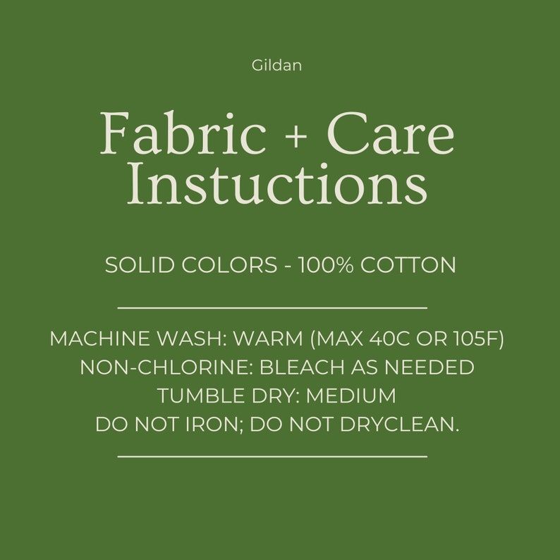 Pode incluir: Instru&ccedil;&otilde;es de tecido e cuidados Gildan. Cores s&oacute;lidas - 100% algod&atilde;o. Lavar na m&aacute;quina: morno (m&aacute;x. 40 &deg;C ou 105 &deg;F). Sem cloro: branquear conforme necess&aacute;rio. Secar na m&aacute;quina: em temperatura m&eacute;dia. N&atilde;o passar a ferro; n&atilde;o lavar a seco.