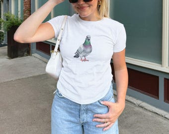 Duva Baby T-shirt Akvarell Fågel T-shirt Bomull Topp med Vilddjur Söta Djurkläder Urbana Grafiska Kläder Duva Illustration Stad Fågel T-shirt