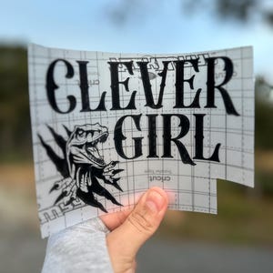May include: A black and white vinyl decal featuring the text "CLEVER GIRL" and a dinosaur illustration. The decal is held up against a blurred outdoor background.