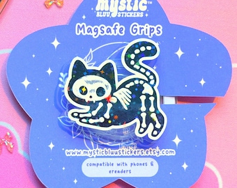Skeleton Cat MagSafe Grip | Holographic Sparkle Phone Stand, Kindle Accessory