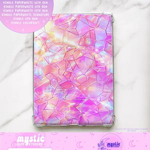 May include: A Kindle case with a geometric, iridescent design in shades of pink, purple, and yellow. The case is clear with a protective bumper. Text on the image includes "Kindle Inserts" and a list of Kindle models.