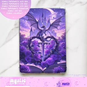 May include: A Kindle case featuring a fantasy illustration of a purple dragon with outstretched wings perched atop a castle. The design includes a heart-shaped frame of roses and a sword, set against a purple sky. The case is for Kindle Paperwhite and other Kindle models.