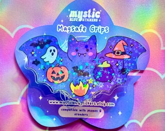 Spooky Bat Kindle Grip: Holographic Magsafe Phone Grip with Ghost, Pumpkin and Cauldron | Mysticbluustickers™