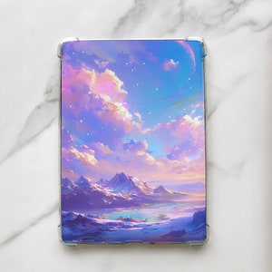 May include: A phone case with a colorful landscape scene featuring mountains, a lake, and a sky with clouds and stars. The case has a silver border.