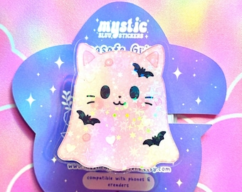 Ghost Cat Phone Grip | Magnetic Stand for iPhone, Kindle | Holographic Spooky