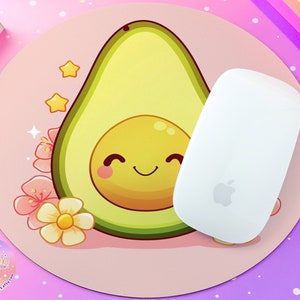 Avocado Mousepad Kawaii Office Decor - Floral Cartoon Round Mouse Pad - Cute Cozy Illustration Desk Mat - Fruit Girly Aesthetic Desktop