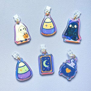 Holographic Halloween Charms: Witch Cauldron, Tarot Moon, Candy Corn