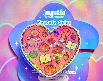 Autumn Cozy Heart Kindle Grip with Magnetic Ring – Fall Bear, Pumpkin & Books MagSafe Grip