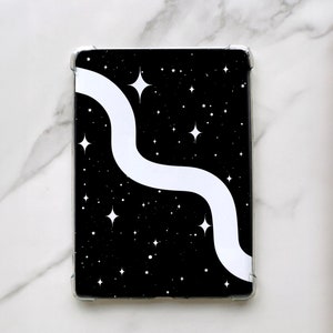 May include: A black phone case with a white wavy line and white stars on a black background.